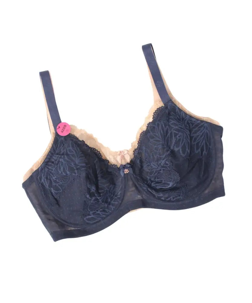 Black lace-trimmed underwire bra with embroidered details for superior lift and comfort