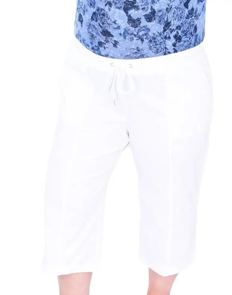 White Ladies Cotton Capri-Length Pants with Drawstring Waist for Comfortable Fit