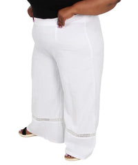 White wide-leg pants with lace inserts made from Crochet Washer Cotton