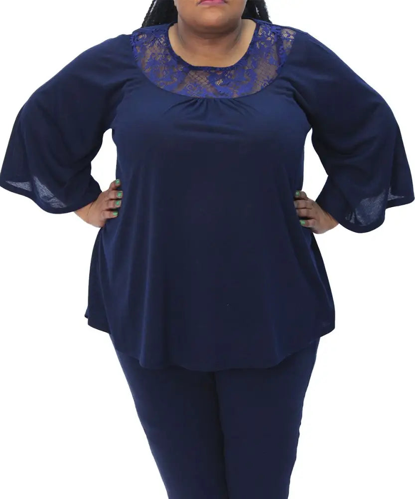 Navy blue ladies lace neck tunic with lace neckline and stylish bell sleeves