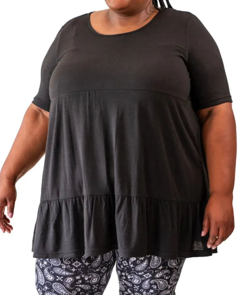 Black tiered tunic top with short sleeves in the Ladies Plain Babydoll collection