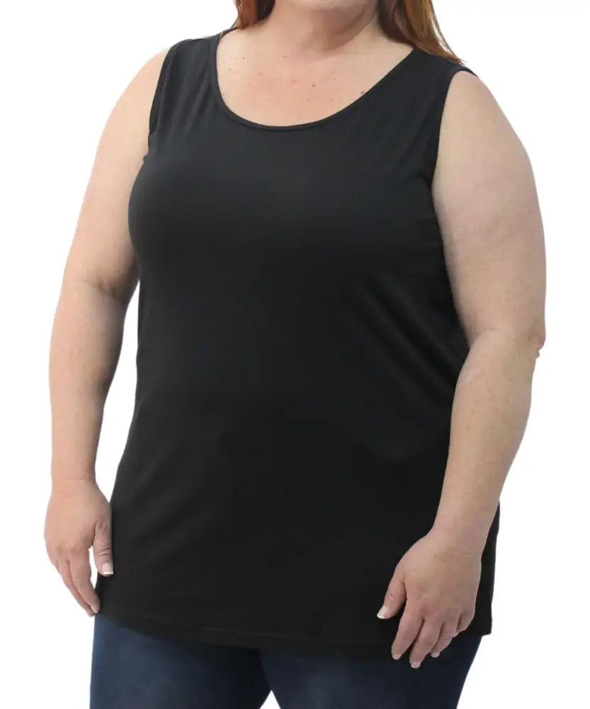 Black sleeveless tank top on a fuller figure model highlighting the Ladies Plain Cami