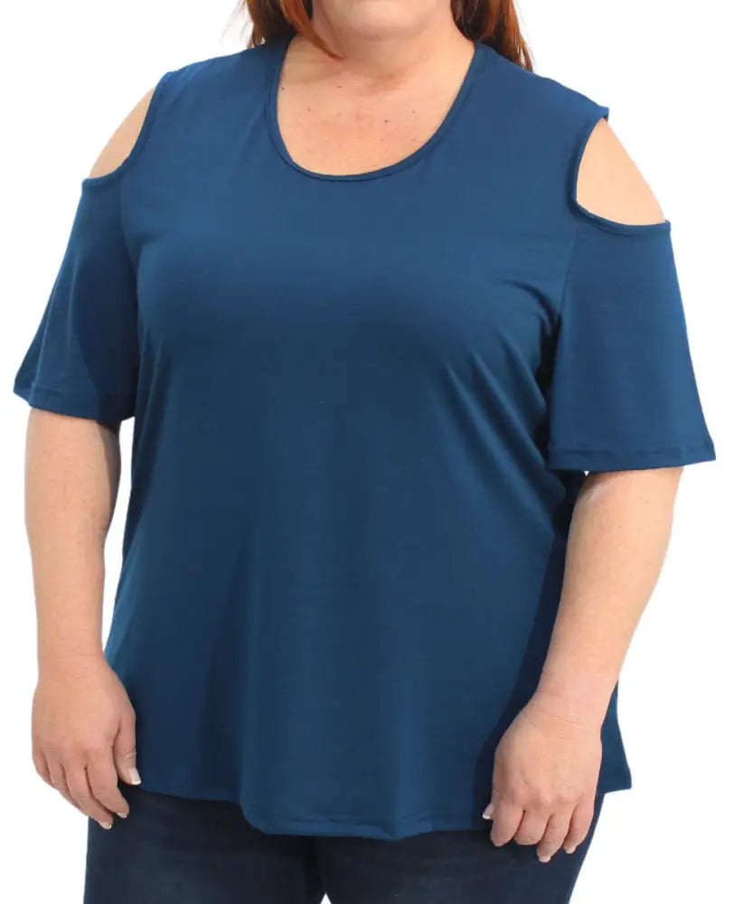 Blue cold shoulder top with short sleeves from Ladies Plain Cold Shoulder collection