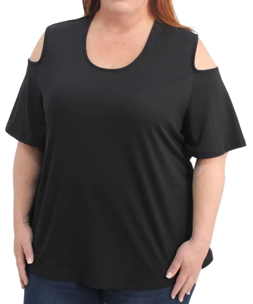 Black cold-shoulder t-shirt for ladies with short sleeves in plain design