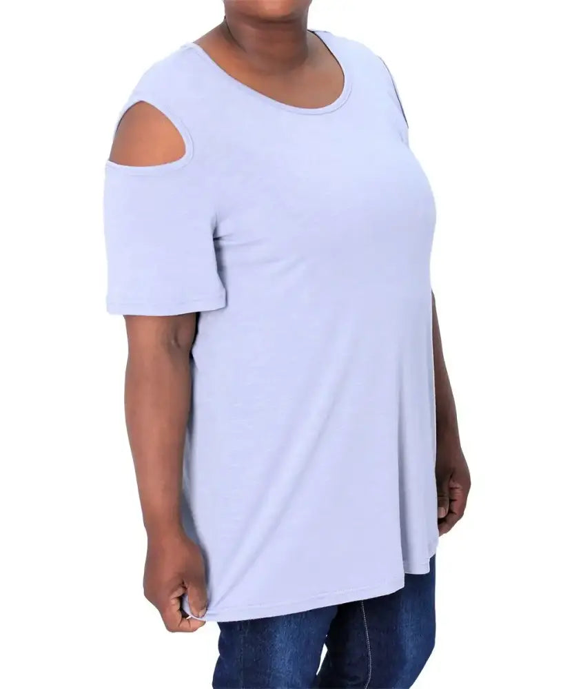 Light blue cold shoulder t-shirt featuring stylish cutouts for ladies fashion