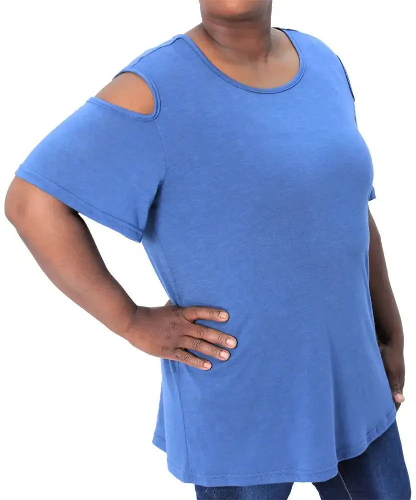 Blue ladies plain cold shoulder top with stylish cutouts for a trendy look