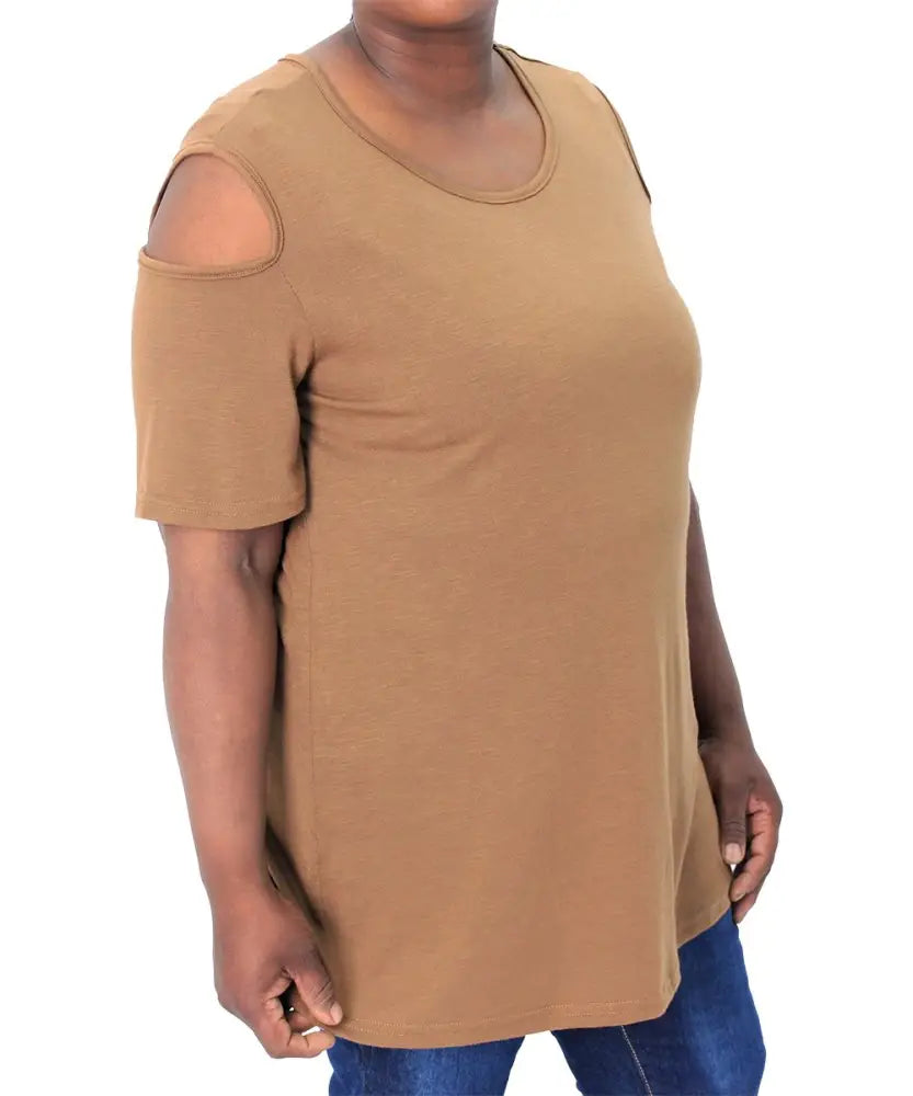 Tan Cold Shoulder T-shirt for women with stylish shoulder cutout design