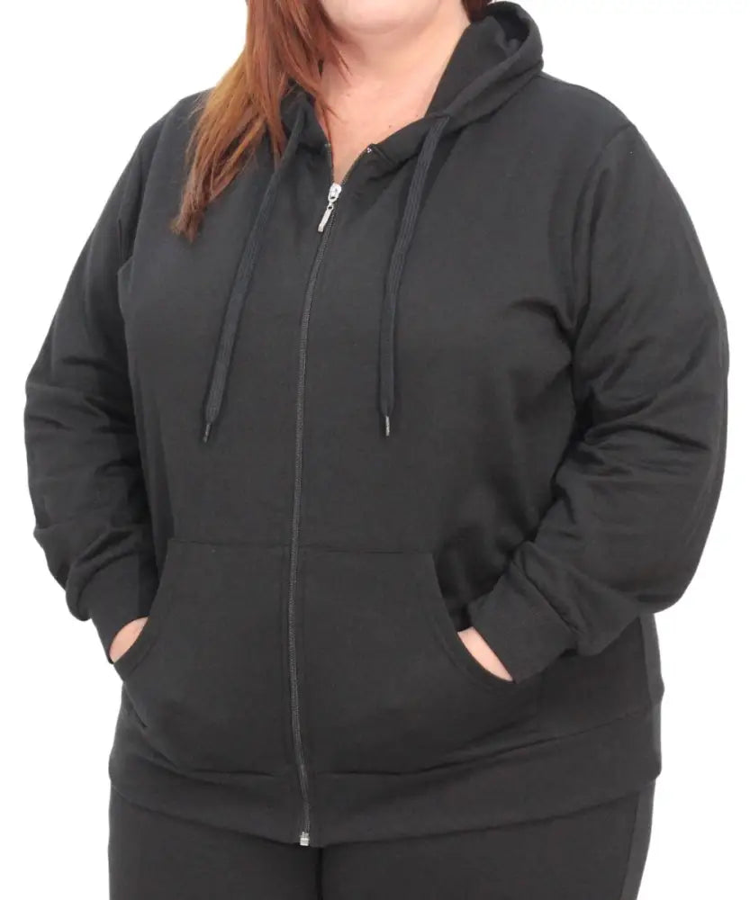 Black zip-up hooded sweatshirt with pockets from the Ladies Plain Hoody collection