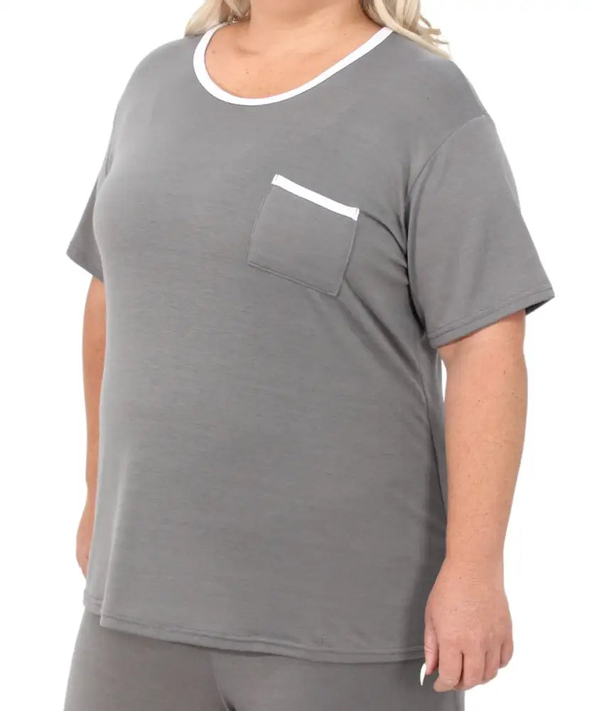 Gray ladies plain PJ top with white trim and a chest pocket for stylish comfort