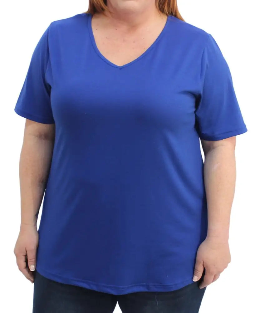 Bright blue v-neck t-shirt on a person showcasing a stylish ladies plain tee