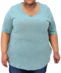 Light blue ladies plain vneck tee worn by a person with a fuller figure