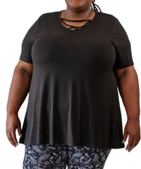 Black short-sleeved Ladies Plain XCross Neck Top with criss-cross neckline detail