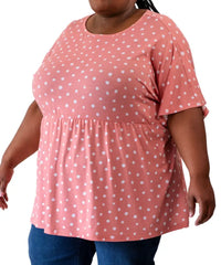 Pink polka dot babydoll tunic with short sleeves for ladies fashion style