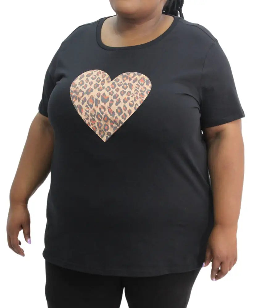 Black t-shirt featuring a leopard-print heart design, perfect for ladies printed animal style