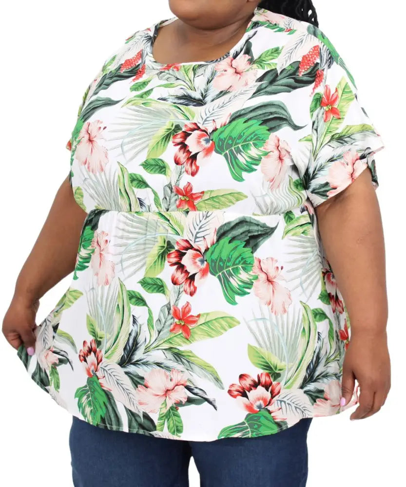 Floral print short-sleeved Ladies Printed Babydoll Tunic with tropical leaves and flowers