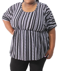 Striped black and white short-sleeved Ladies Printed Babydoll Tunic with empire waist