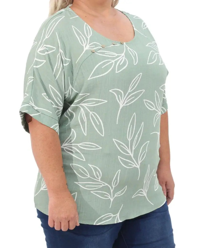 Mint green ladies printed button detail tunic with white leaf pattern for stylish outfits