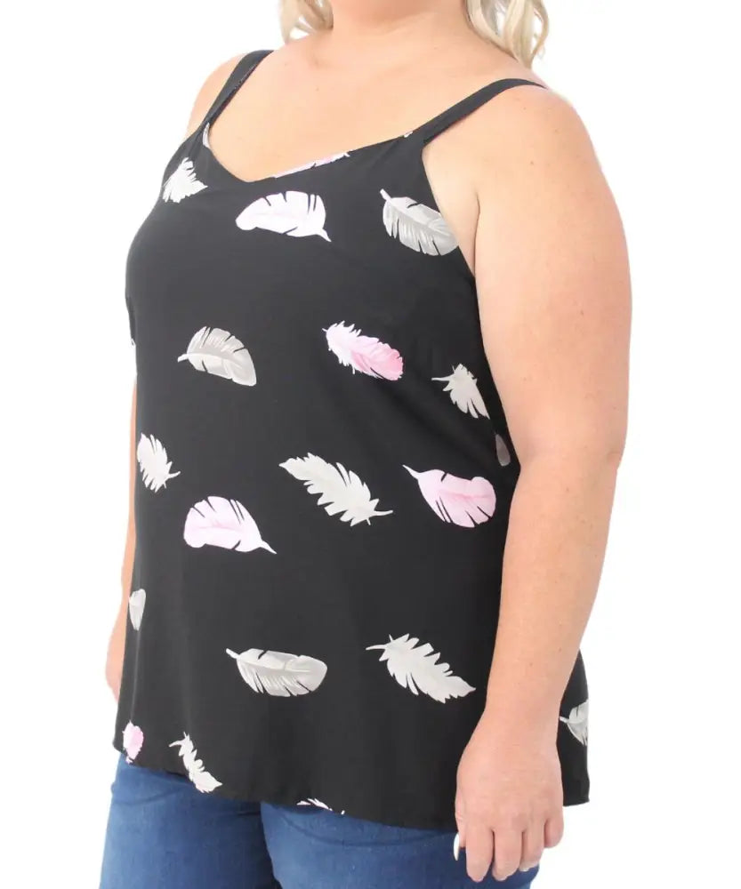 Black tank top featuring white and pink feather print, perfect for ladies printed cami style