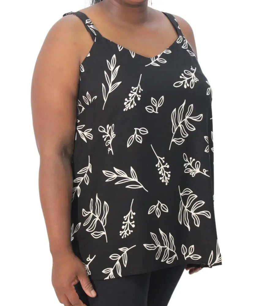 Black sleeveless ladies printed cami with white floral leaf pattern design