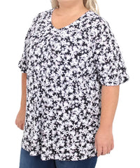 Floral print short-sleeved black and white ladies printed fancy tunic with v-neck