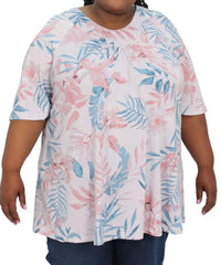 Floral print ladies printed fancy tunic with pink and blue leaf patterns on light background