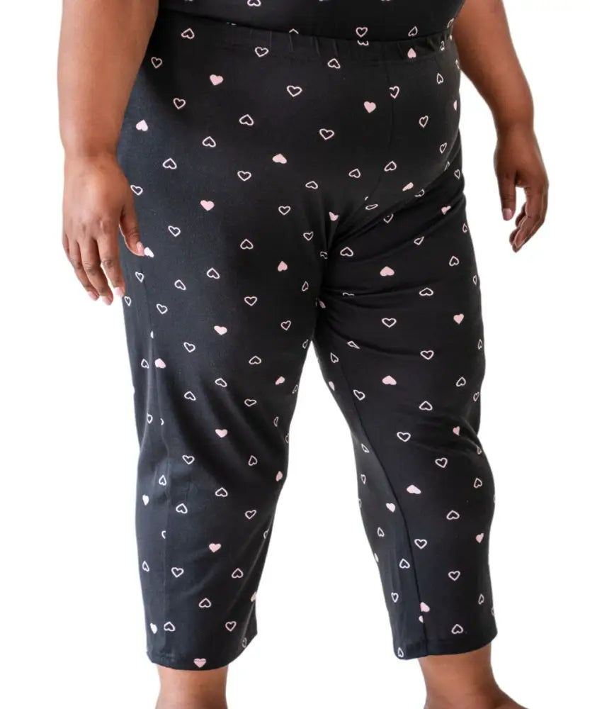 Ladies Printed Hearts PJ Capri featuring black capri pants with white and pink heart pattern