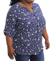 Navy blue floral print blouse with v-neck and short sleeves for ladies printed mandarin