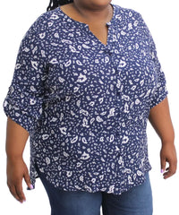 Navy blue and white floral print blouse with short sleeves, a stylish ladies printed mandarin