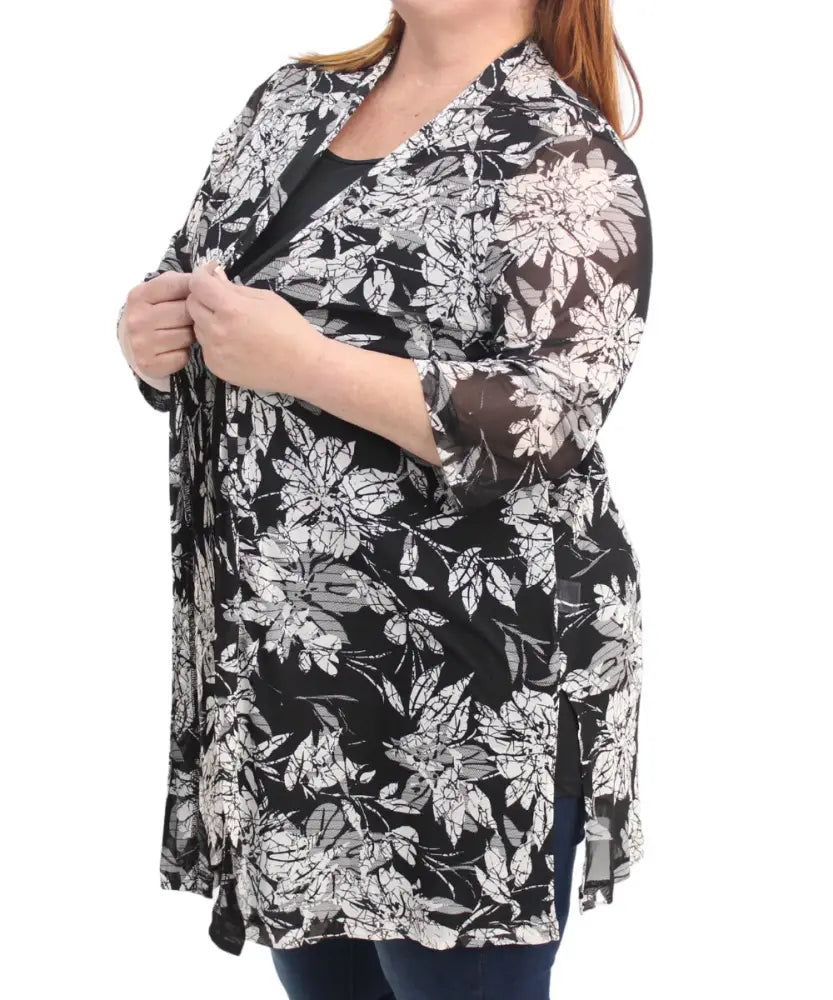 Floral print cardigan kimono-style jacket in black and white for ladies printed mesh gilet