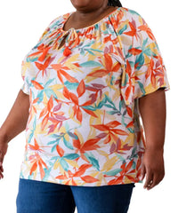 Colorful floral print short-sleeved Ladies Printed Peasant Top with gathered neckline