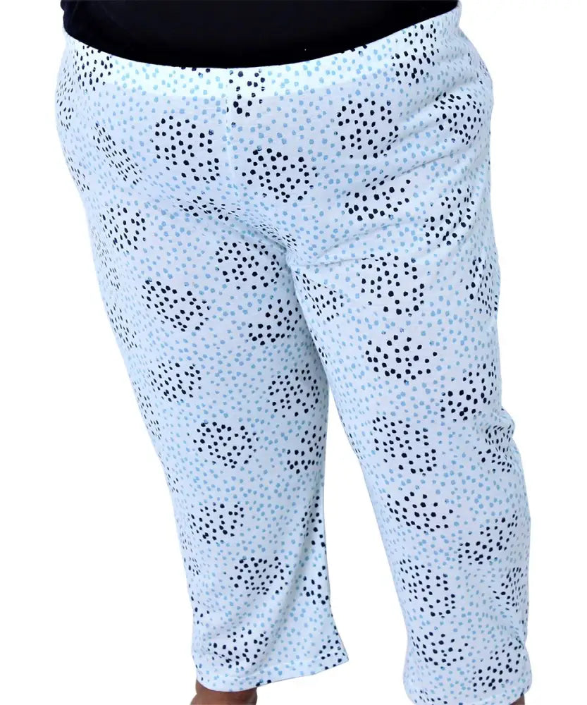 White Ladies Printed PJ Capri with a black dotted circular pattern for stylish comfort