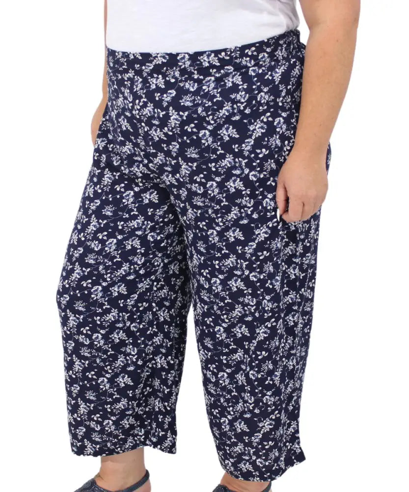 Navy blue floral print wide-leg cropped pants from Ladies Printed Rayon Capri collection