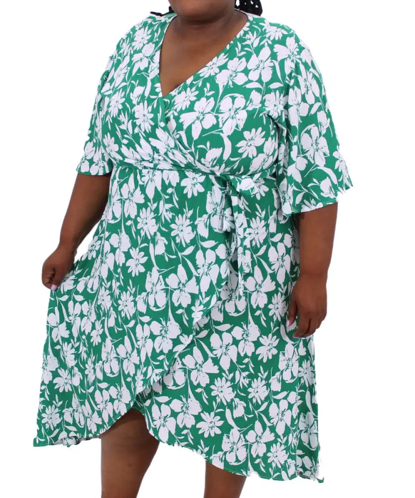 Green and white floral ladies printed rayon dress with short sleeves and v-neckline