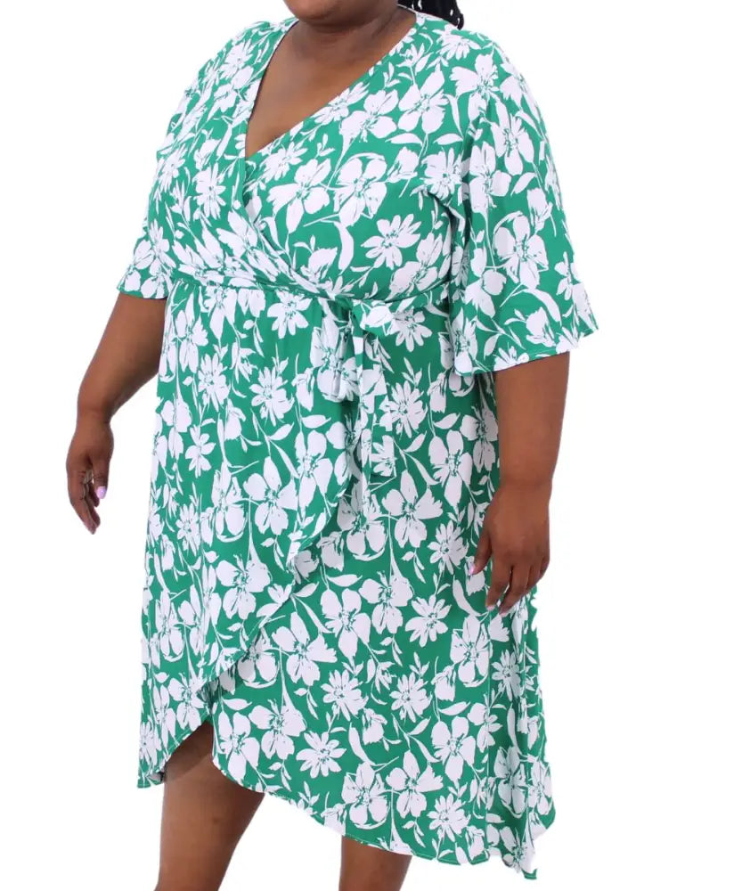 Green and white floral print wrap dress, perfect for a Ladies Printed Rayon Dress