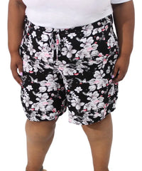 Floral print rayon shorts with black background and white, pink flowers for ladies