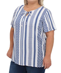 Blue and white patterned ladies printed rayon tunic with keyhole neckline