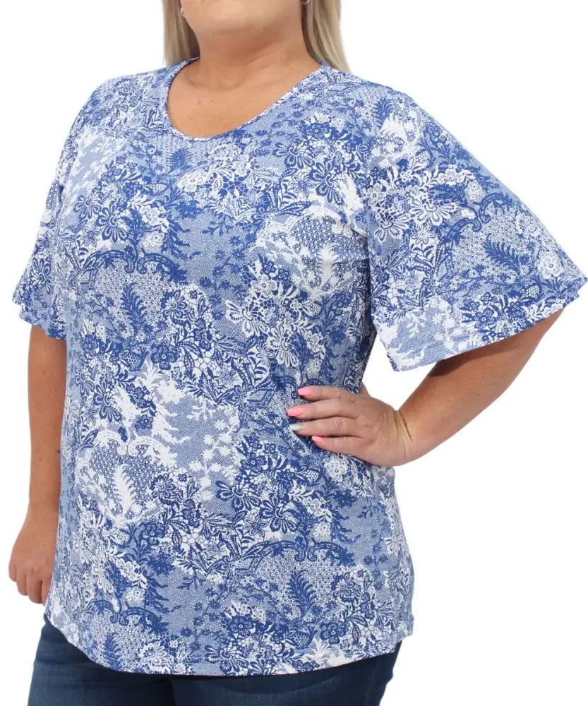 Blue and white floral print short-sleeved ladies printed tunic with scoop neckline