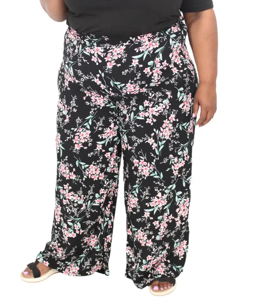 Floral print wide leg rayon pants with black background and pink flowers for ladies