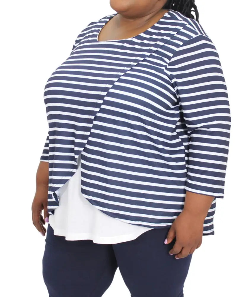 Navy and white striped cardigan over a white top in Ladies Stripe Cross Over Top