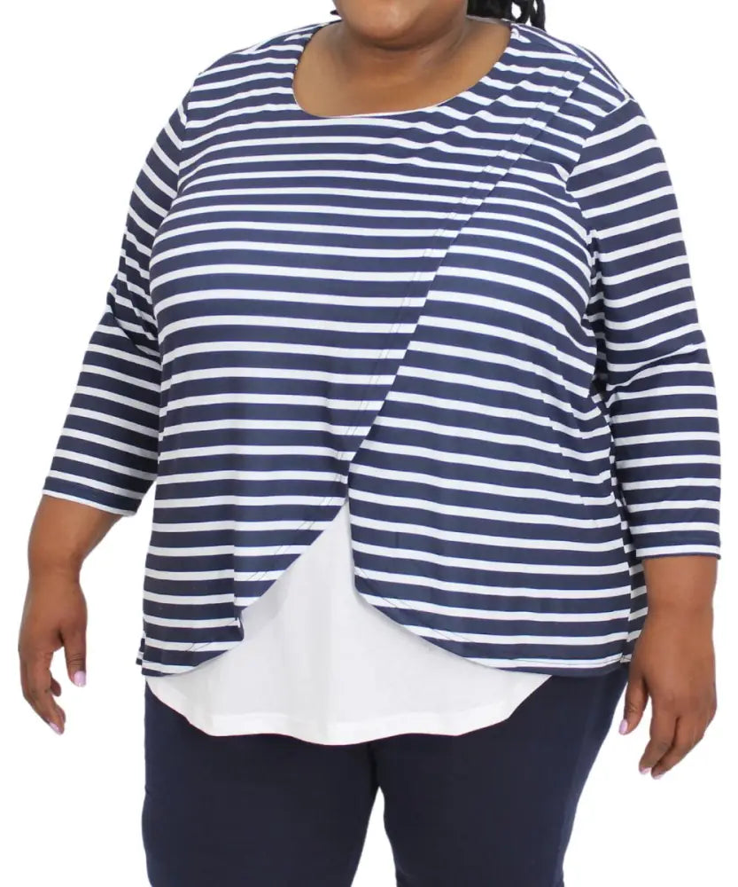 Striped navy and white layered top for women with three-quarter sleeves, Ladies Stripe Cross