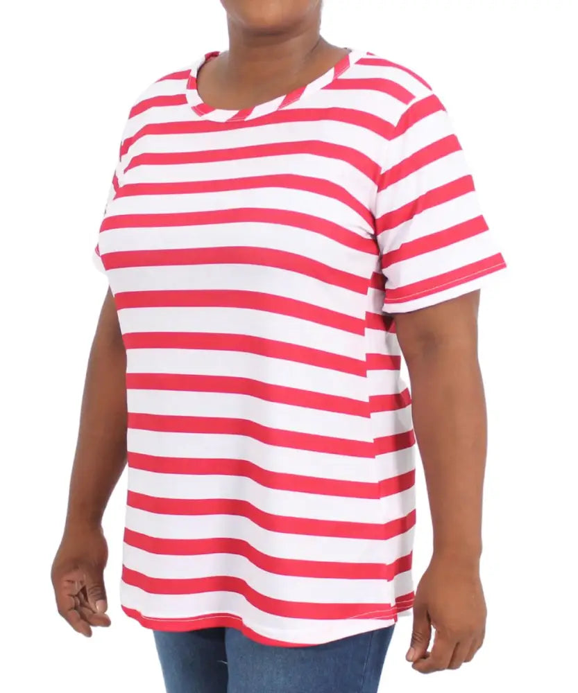 Red and white striped short-sleeved Ladies Stripe Tee worn by a stylish individual