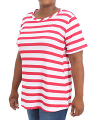 Red and white striped short-sleeved Ladies Stripe Tee worn by a stylish individual