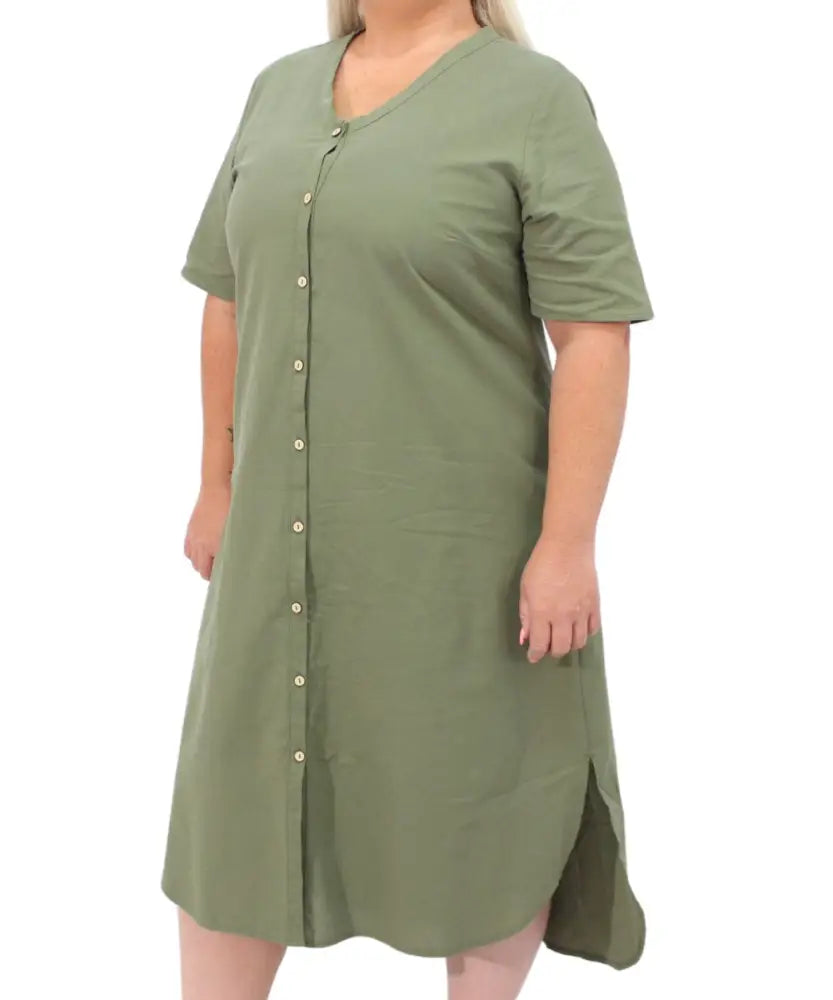 Sage green ladies washer cotton button-up dress with short sleeves and side slits