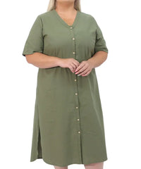 Olive green ladies washer cotton button-up dress with short sleeves and V-neckline