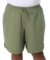 Olive green ladies washer cotton drawstring shorts with cuffed hems for stylish comfort