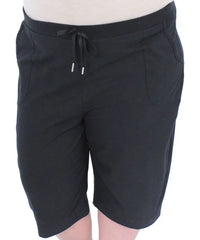 Black knee-length athletic shorts with drawstring waist, perfect ladies washer cotton shorts