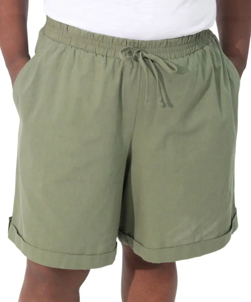 Olive green ladies washer cotton shorts with rolled cuffs for stylish summer wear