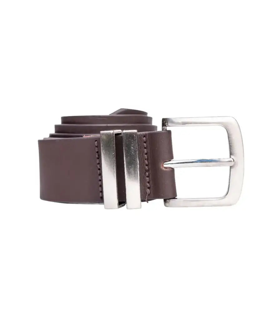 Brown leather belt with silver buckle and metal loops for men, perfect plain accessory