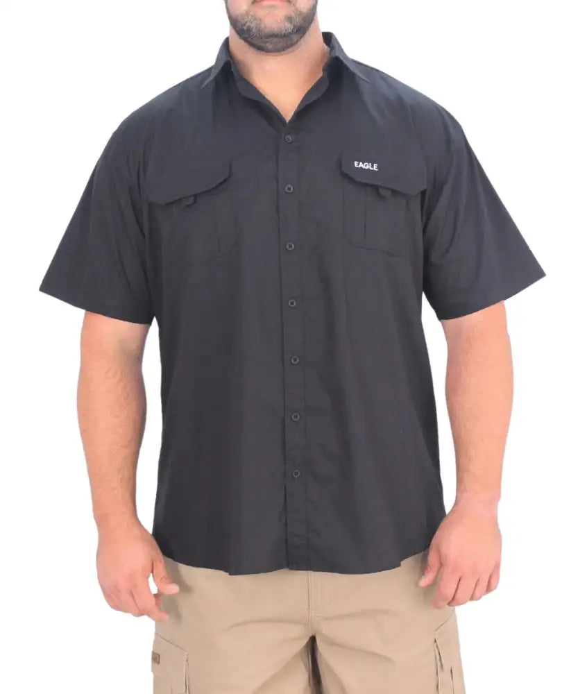 Dark gray mens bush shirt with short sleeves, chest pockets, and logo detail