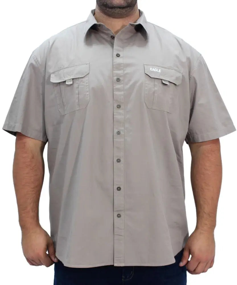 Light gray mens bush shirt with two chest pockets and short sleeves